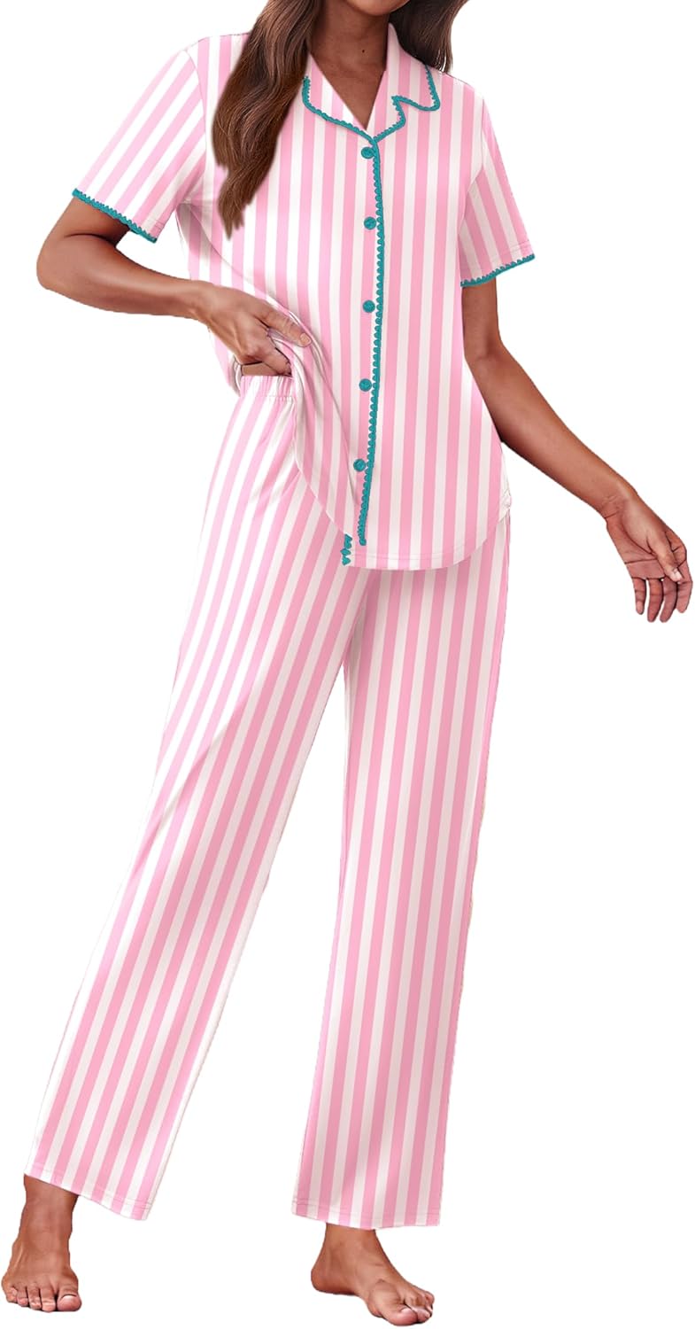 Ekouaer Women's Pajama Sets Button Down Loungewear Short Sleeve Sleepwear 2 Piece Pants Pjs Set with Pockets S-XXL