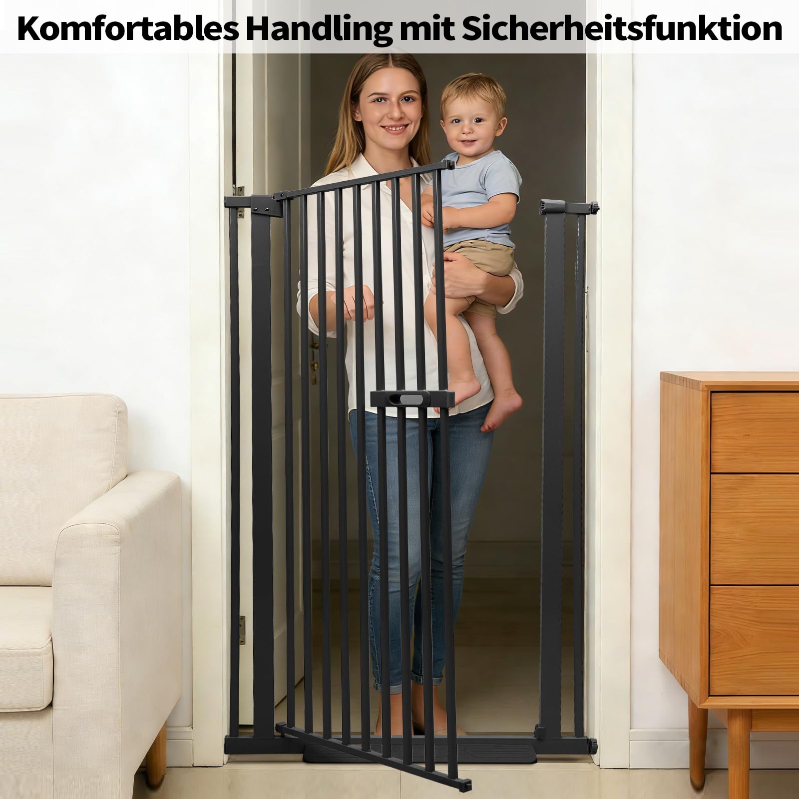 Schutztor Ausziehbar Haustiere Katzentiertor, 150cm Haustiergitter Extra Hoch mit Doppelverriegelung Katzentür&3.5cm Stababstand Ohne Bohren für Haustier Kleinen Haustieren Hunden (Schwarz)