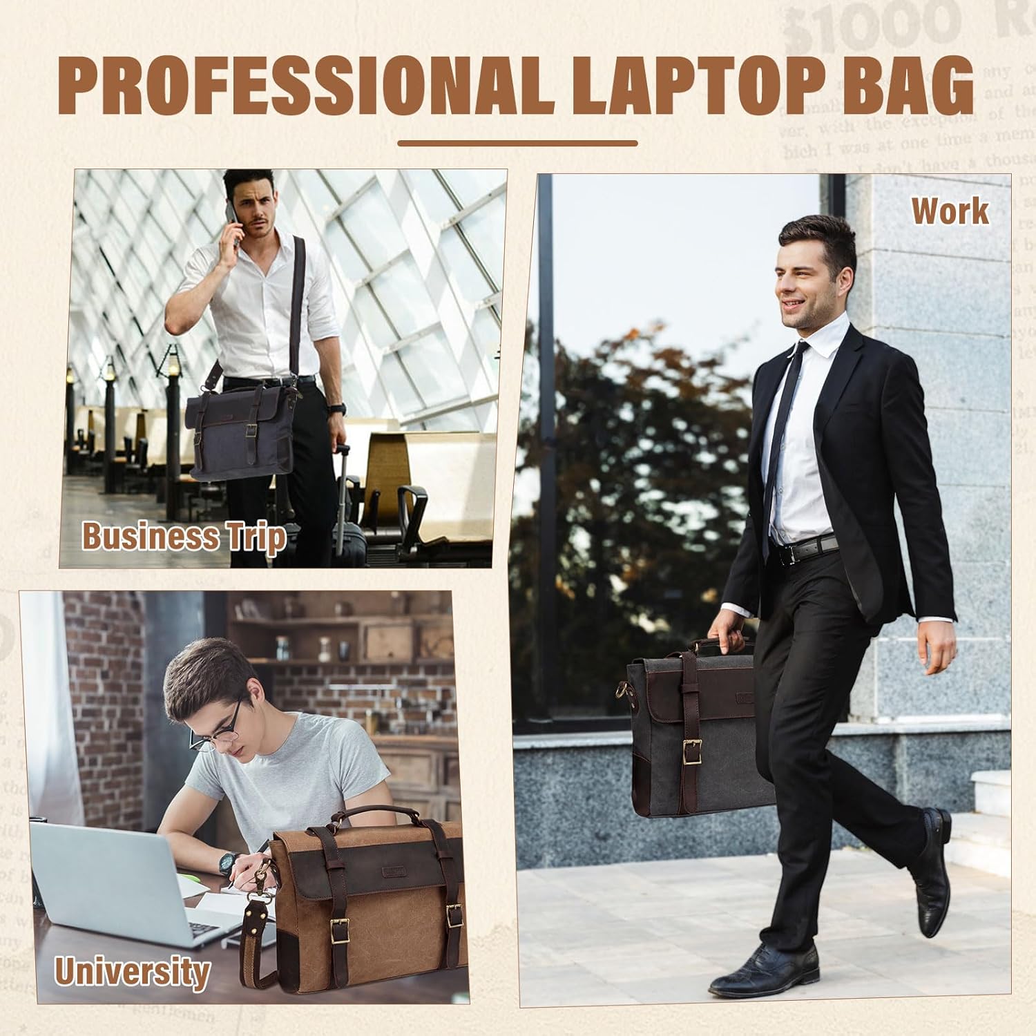 Messenger Bag for Men,Vintage Canvas Leather Canvas Laptop Satchel Shoulder Bag Business Briefcase - Image 6