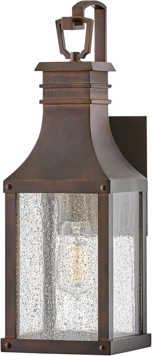 Hinkley Beacon Hill Single Light Wall Mount Outdoor Lantern – Aluminum, Clear Seedy Glass Panes, Old World Charm – Blackened Copper Finish