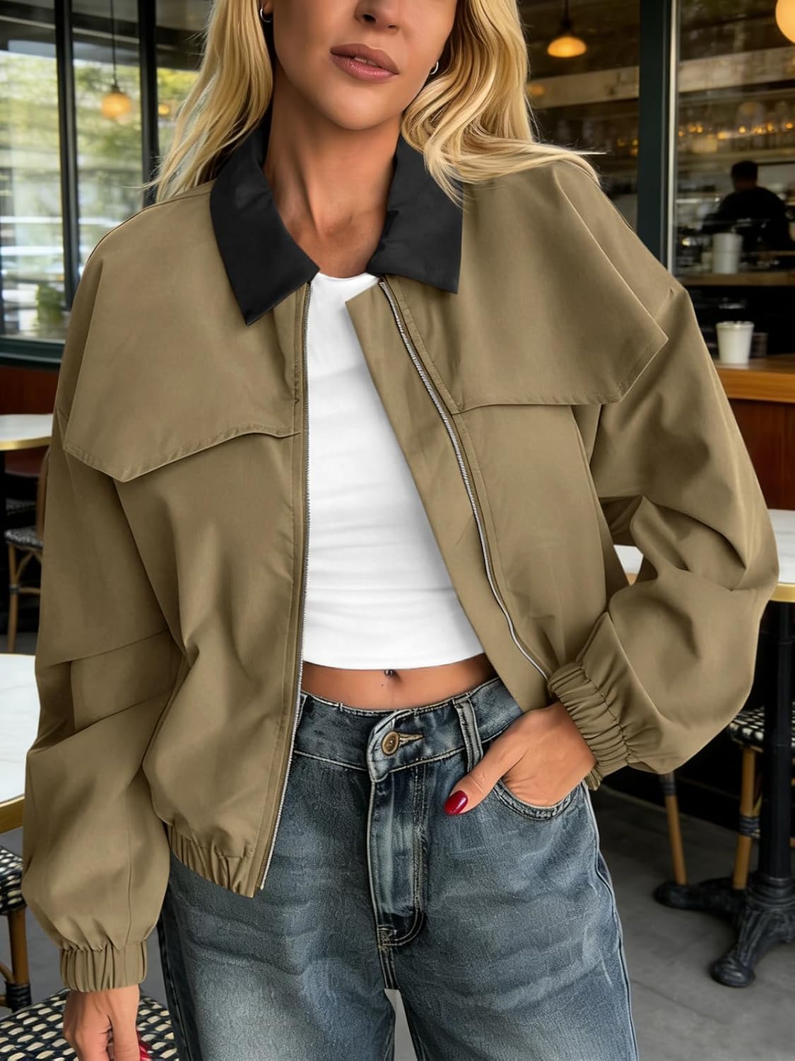 Tankaneo Womens Cropped Barn Jackets Zip Up Lapel Oversized Bomber Jackets Lightweight Trendy Casual Utility Short Coats - Image 2