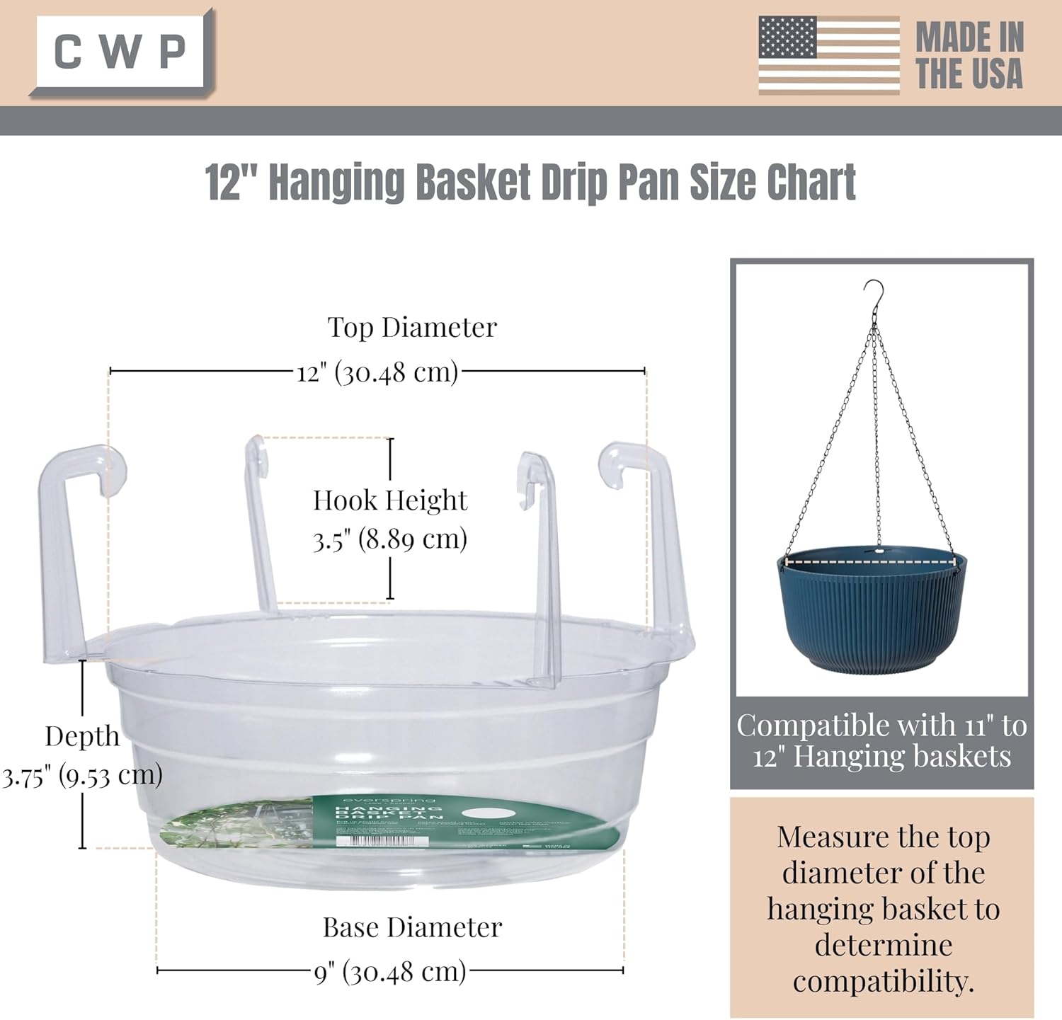 Curtis Wagner Plastics Hanging Basket Drip Pans (5-Pack) | Clear, Round (Diameter = 9" Base, 12" Top, 3.75" Depth) Hanging Plant Tray Saucer with Built-in Hooks & Water Catcher for Indoor & Outdoor