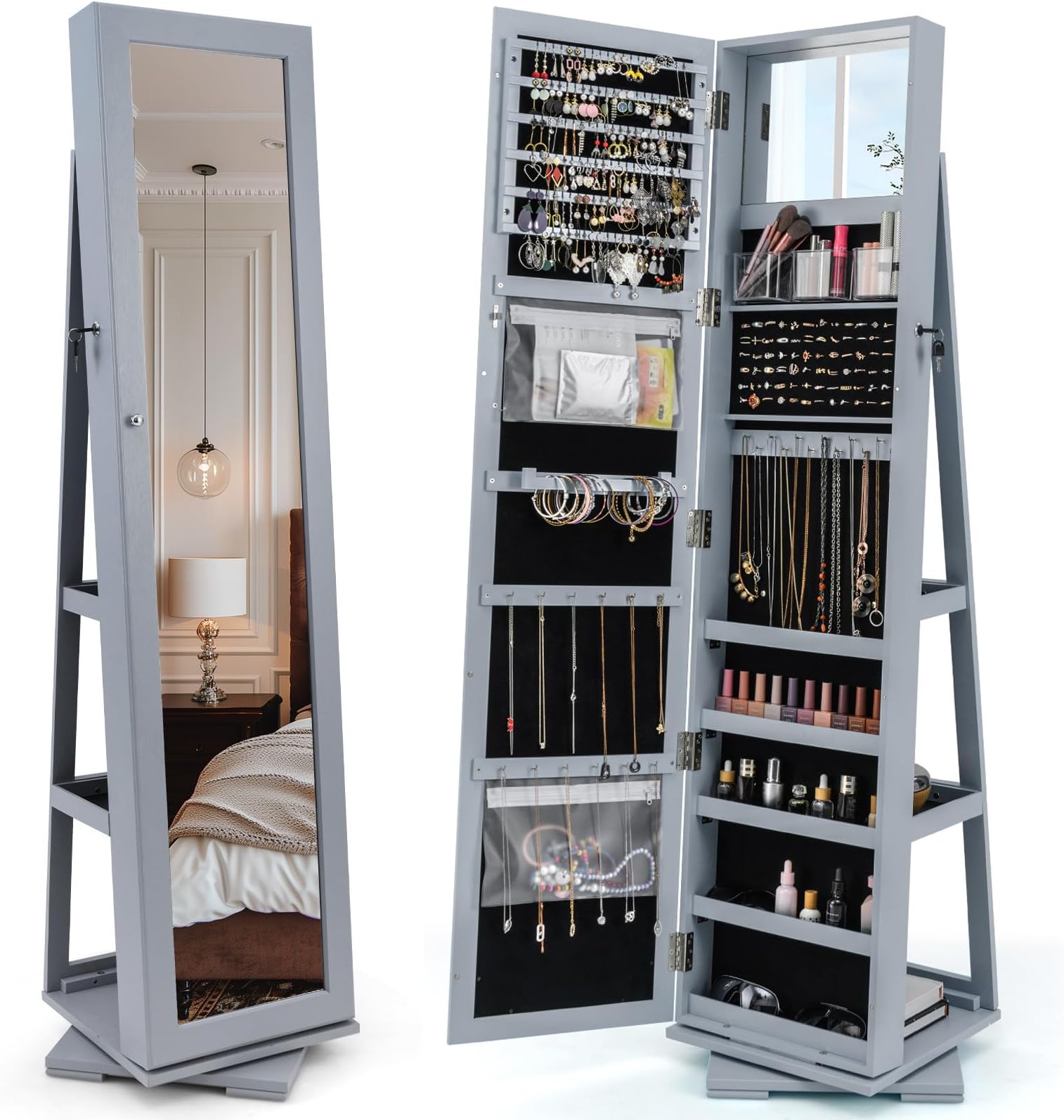 CHARMAID 360ยฐ Swivel Jewelry Armoire with Full Length Mirror, Standing Lockable Jewelry Cabinet Organizer, Large Storage Capacity, Inside Makeup Mirror, Back Storage Shelves (Gray)