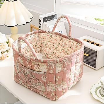 Floral Pattern Storage Basket, 13" x 10.7" x 10.3"Canvas Storage Bin, Large Collapsible Freestanding Laundry Hamper With Easy Carry Handles Decorative Basket for Office Home Bedroom Clothes A
