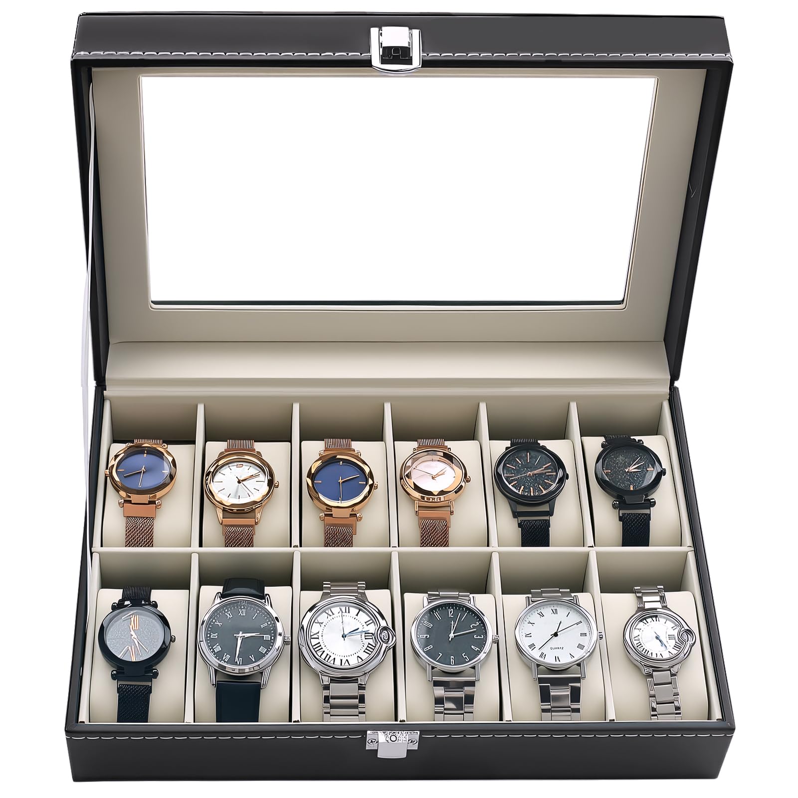 ATPEAM Caja para Relojes 12 Compartimentos Organizador Estuche Almacenamiento Tapa Cristal