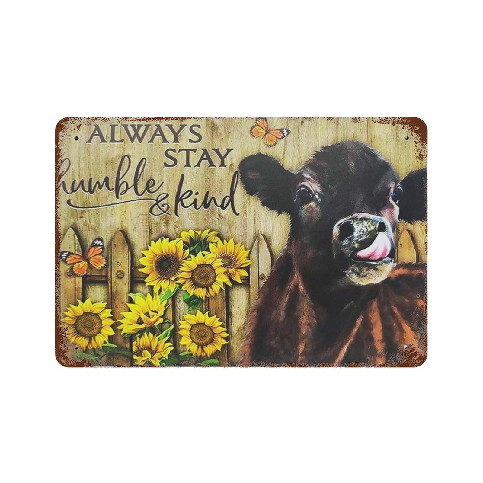 AOOEDM Cow And Sunflower Stay Humble And Kind Metal Tin Signs for Man Cave Funny Art Wall Plaque Kitchen Bar Sign Coffee Shop Garage Wall Decor Hanging Decor