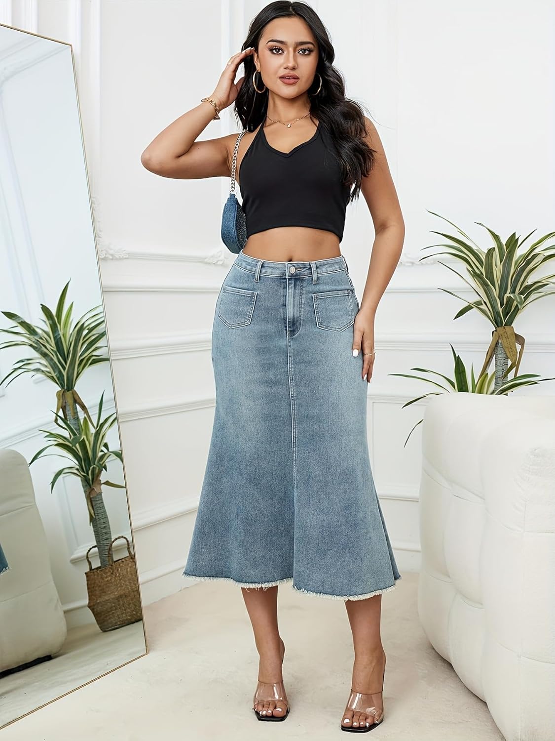 Unifizz Long Denim Skirt for Women Casual A-Line Washed Fishtail Denim Maxi Skirt 2025 High Waisted Jean Skirt with Pocket - Image 5