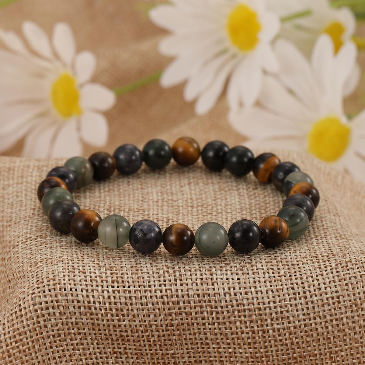 Crystal Vibe Triple Protection Bracelet - Tiger's Eye - Bloodstone - Iolite - Natural Gemstone Healing Bracelet - 8mm Beaded Bracelet for Protection Balance - Elastic Adjustable Size - Image 3
