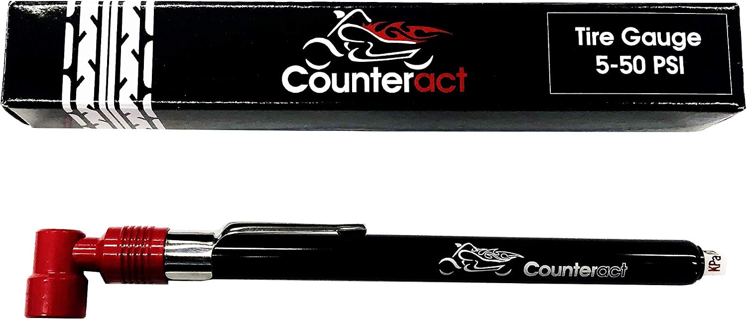 Counteract MKPG-D Analog Tire Air Pressure Gauge for Motorcycle and ATV Tires, 5-50psi, Red 90 Degree Head, Black Anodized Body, Durable Metal Construction