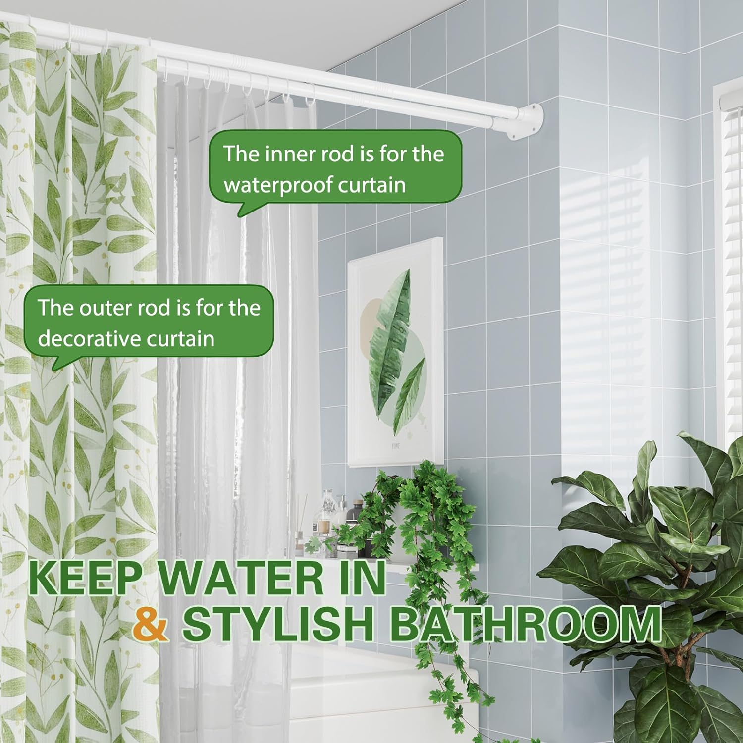 Double Shower Curtain Rod, 28-51 Inches Adjustable Wall Mounted Double Shower Rod, Rustproof White Shower Curtain Rods for Bathroom, Bathtub, Extra Space for Curtain and Liner
