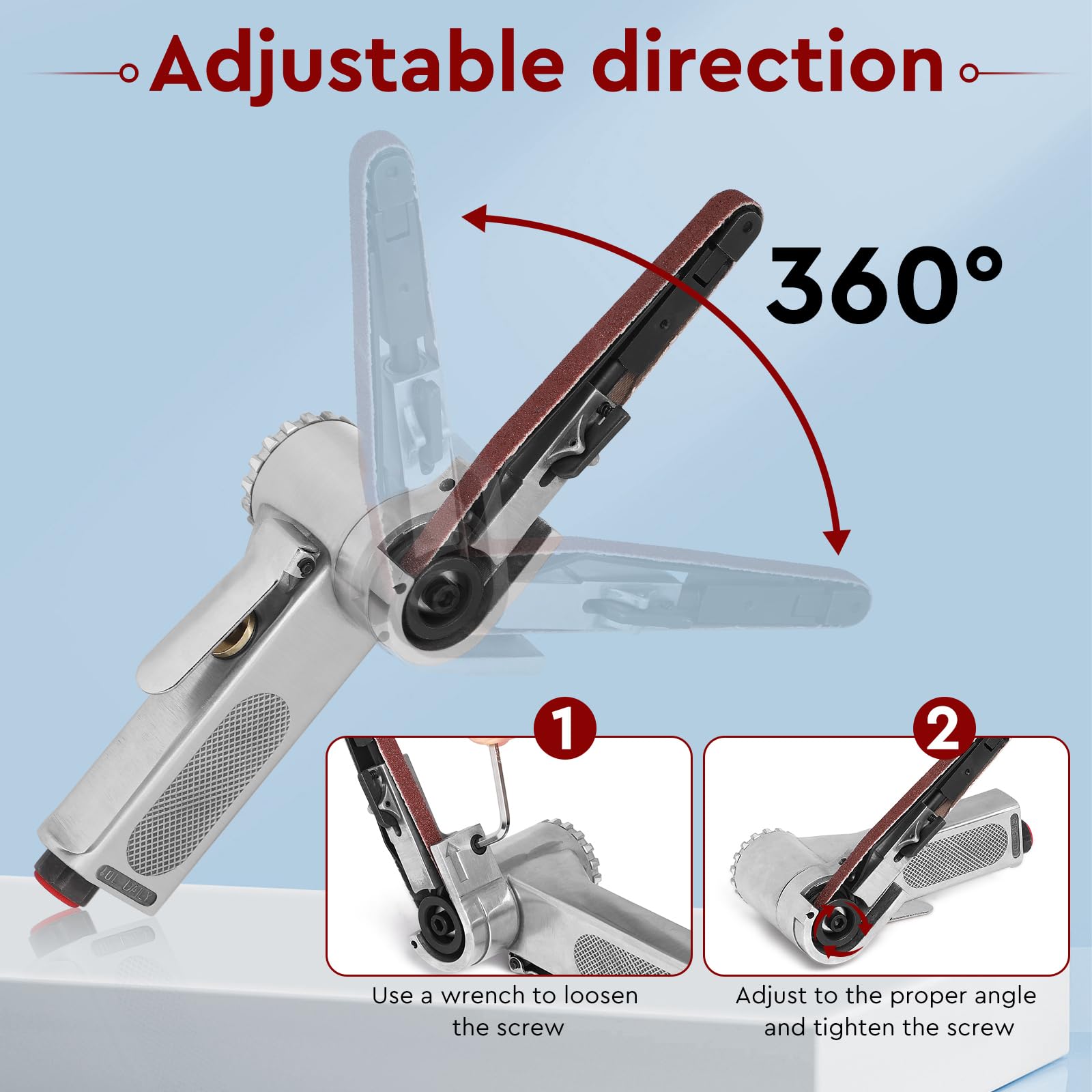 EFUTURETIME Levigatrice a Nastro Pneumatica 16000 Giri/Min, 33cm Smerigliatrice a Nastro Portatile di Angolo Regolabile con 25 Nastri Abrasivi 10mm (G60 x 7, G80 x 6, G100 x 6, G120 x 6)