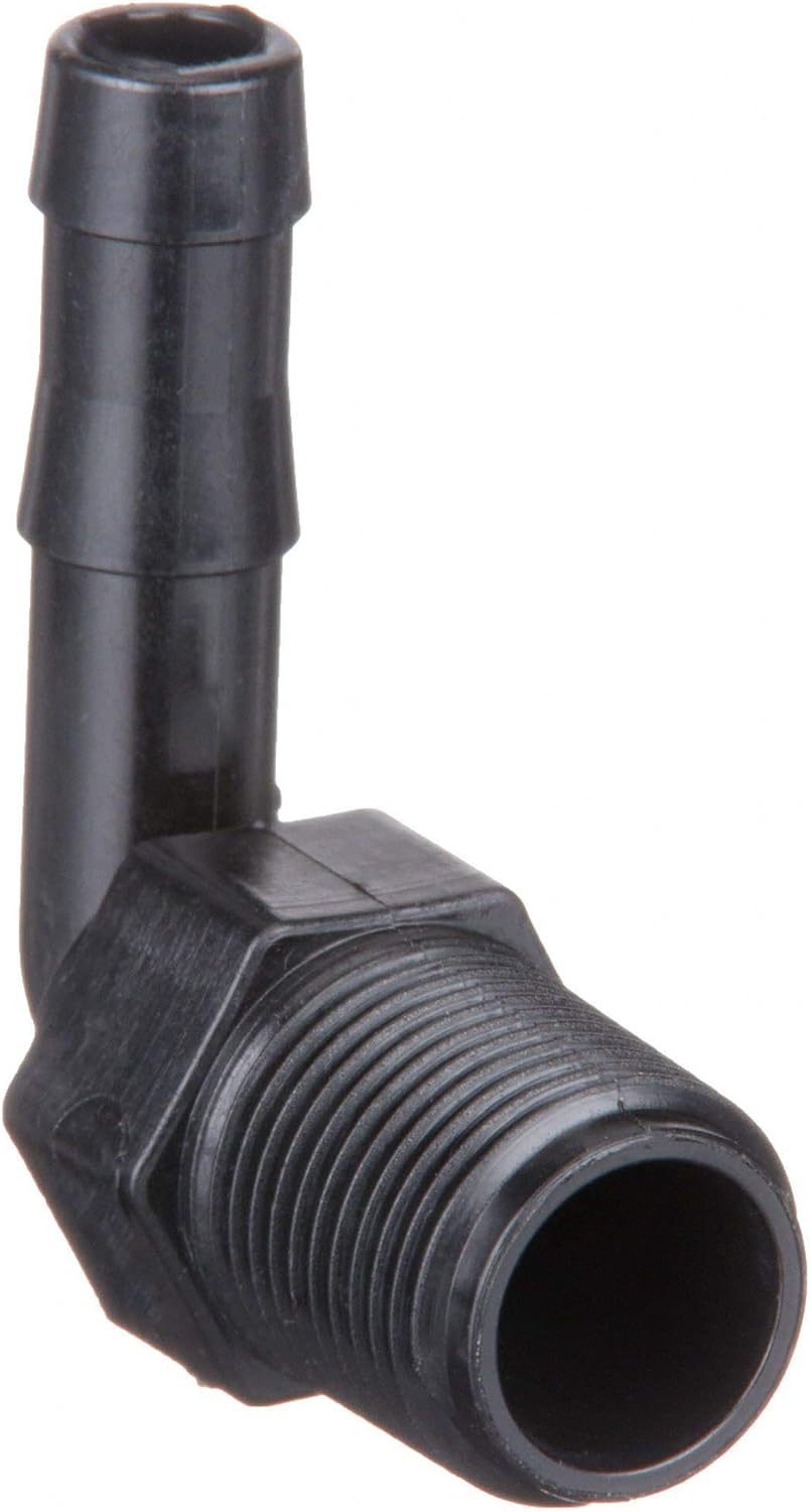 Close-up view of the Banjo HB050-90 elbow, detailing the 1/2-inch barbed connection and the MNPT threaded connection.