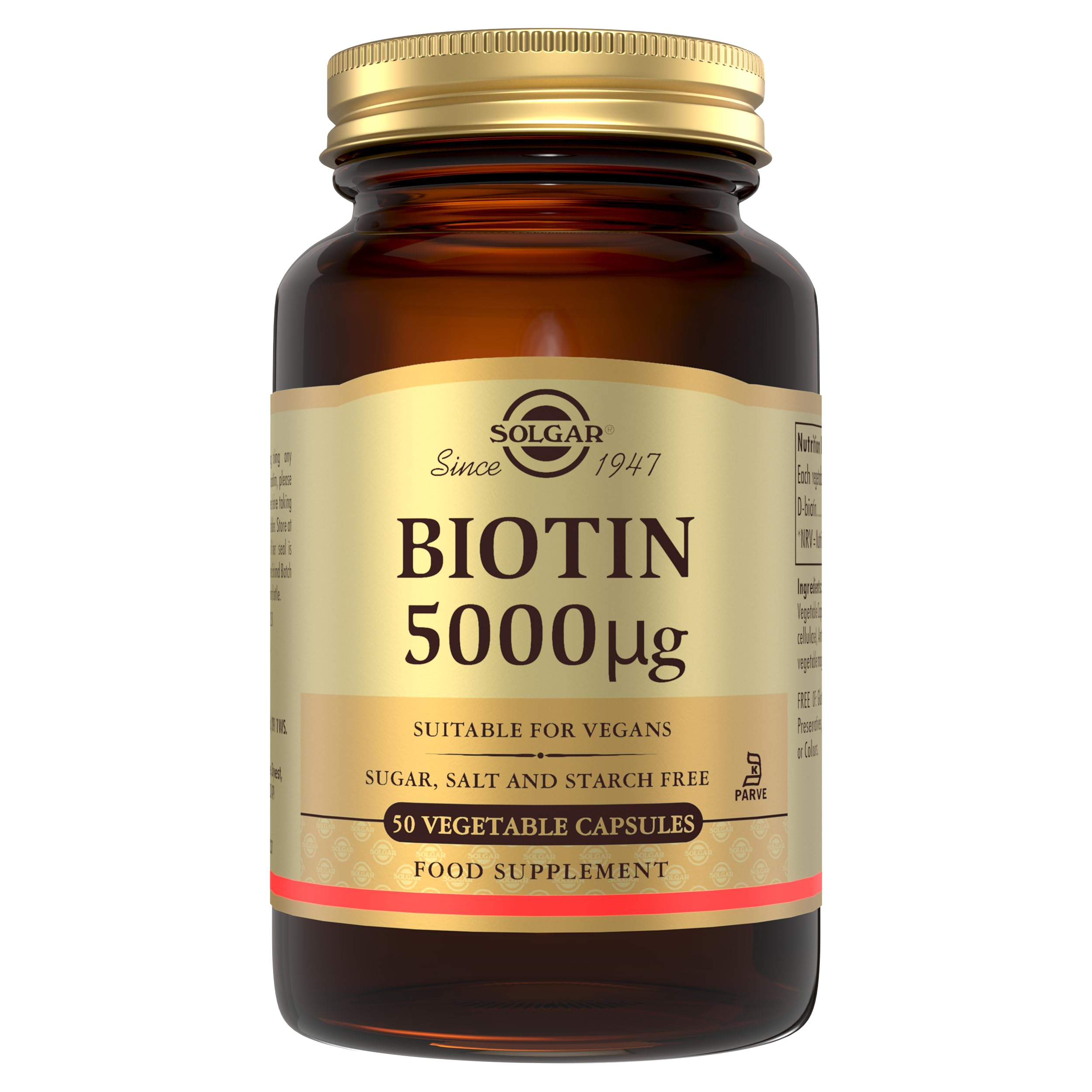 Solgar Biotin 5000 Mcg  50 Vegetable Capsules  Sugar Salt Starch Free - S37