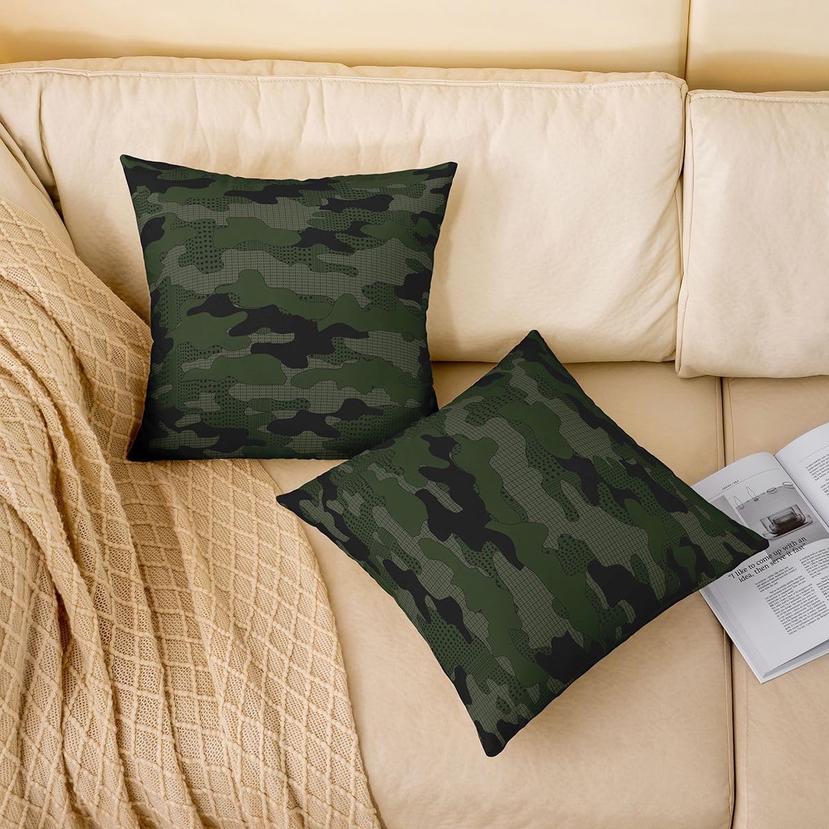 Feelyou Camouflage Throw Pillow Covers 22"x22" Set of 2 Soft Camo Pillow Cases Cushion Covers for Living Room Bedroom Military Style Green Grey Decorative Throw Pillowcases for Sofa Couch Chair