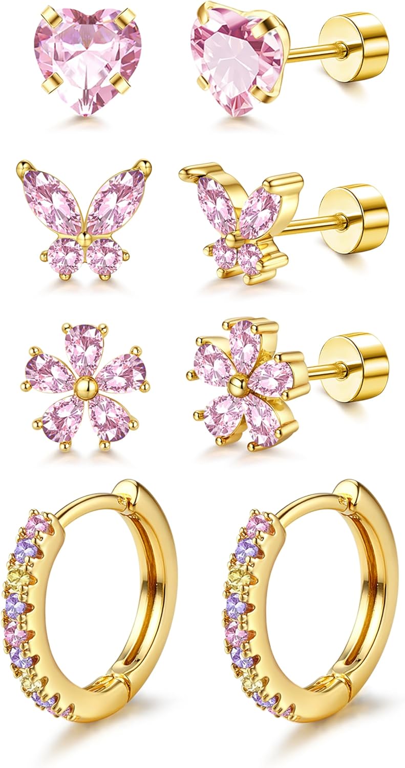 MILACOLATO 14K Gold Plated Hypoallergenic Earrings 316L Surgical Stainless Steel Cute Pearl Flower Butterfly Heart Strawberry Rainbow Flat Back Earrings Small Daisy Huggie Hoop Earrings Set for Sensitive Ears