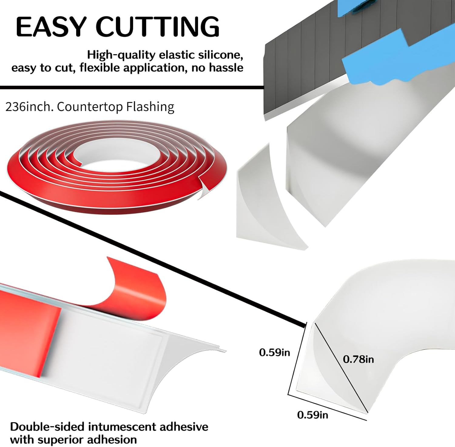 236'' Flexible Quarter Round Molding Trim, Peel and Stick Molding Trim for Walls, Double Self-Adhesive Vinyl Wall Base Cove Base for Bathrooms, Floors, Corners, Stairs, Kitchen Countertops(White)