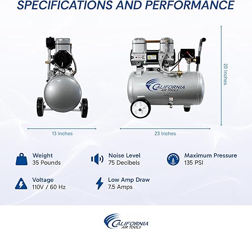 Miniatura 5 de California Air Tools CAT-4710W 1.0 HP Compresor de aire silencioso sin aceite con ruedas, capacidad de tanque de 4.7 galones, nivel de ruido de 75
