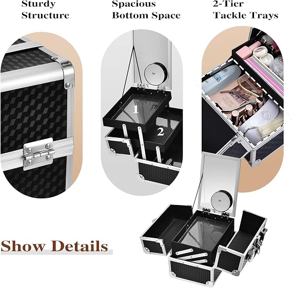 Joligrace Vanity Case Makeup Box Cosmetic Organiser Box Beauty Storage Makeup Up Train Case with Mirror and Magnification(5X) Spot Mirror, Black