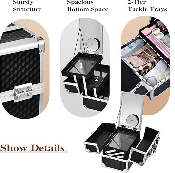 Joligrace Vanity Case Makeup Box Cosmetic Organiser Box Beauty Storage Makeup Up Train Case with Mirror and Magnification(5X) Spot Mirror, Black