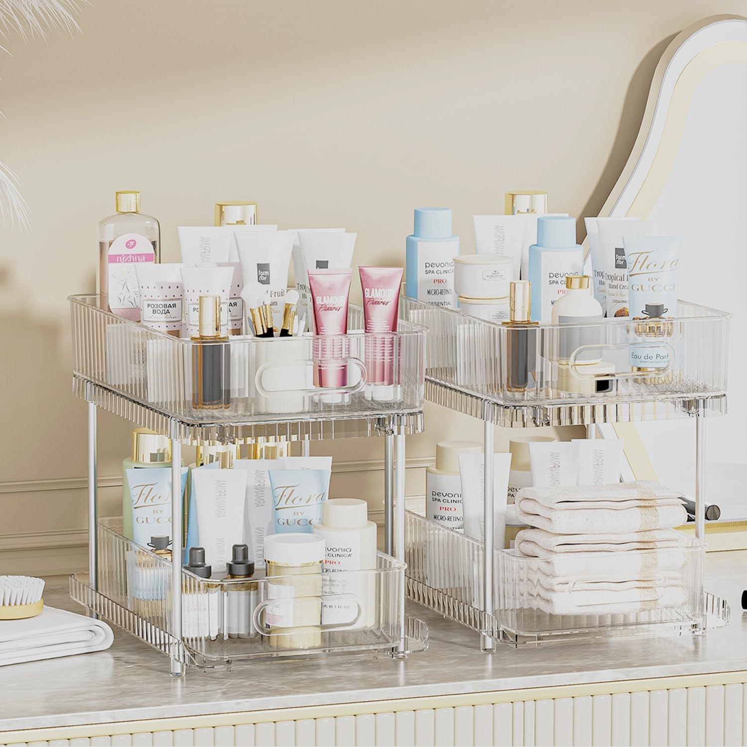 2 Pack Bathroom Cabinet Organizer, 2-Tier Pull Out Bathroom Under Sink Organizers and Storage, Multi-Purpose Kitchen Medicine Pantry Counter Organization with Movable Divider, Clear