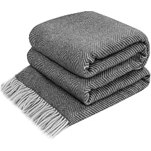 LYHome Merino Wool Blanket - Large Throw Bedspread for Sofa Bed, Single Double Size, Cosy Throws for Sofas & Beds, Soft and Warm Blankets Picnic Camping 55x79 in | 140x200 cm | Grey - White Chevron