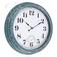Outdoor Clock 12 Inch Waterproof Outdoor Clocks with Thermometer Combo Wall Clock Battery Operated Non-Ticking for Patio Pool Garden (Green, 12Inch)