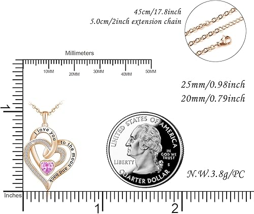 Miniatura 5 de Distance Collar de corazón para mujer, plata de ley 925, piedra natal, joyería de corazón con texto en inglés "I Love You to the Moon and Back",
