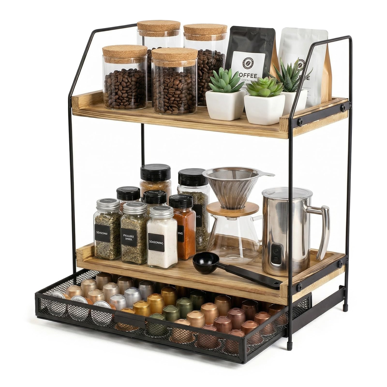 Organizador de estación de café para encimera, organizador de accesorios de barra de café de madera de 2 niveles con caja de almacenamiento, estante grande de encimera de cocina para jarabe de café