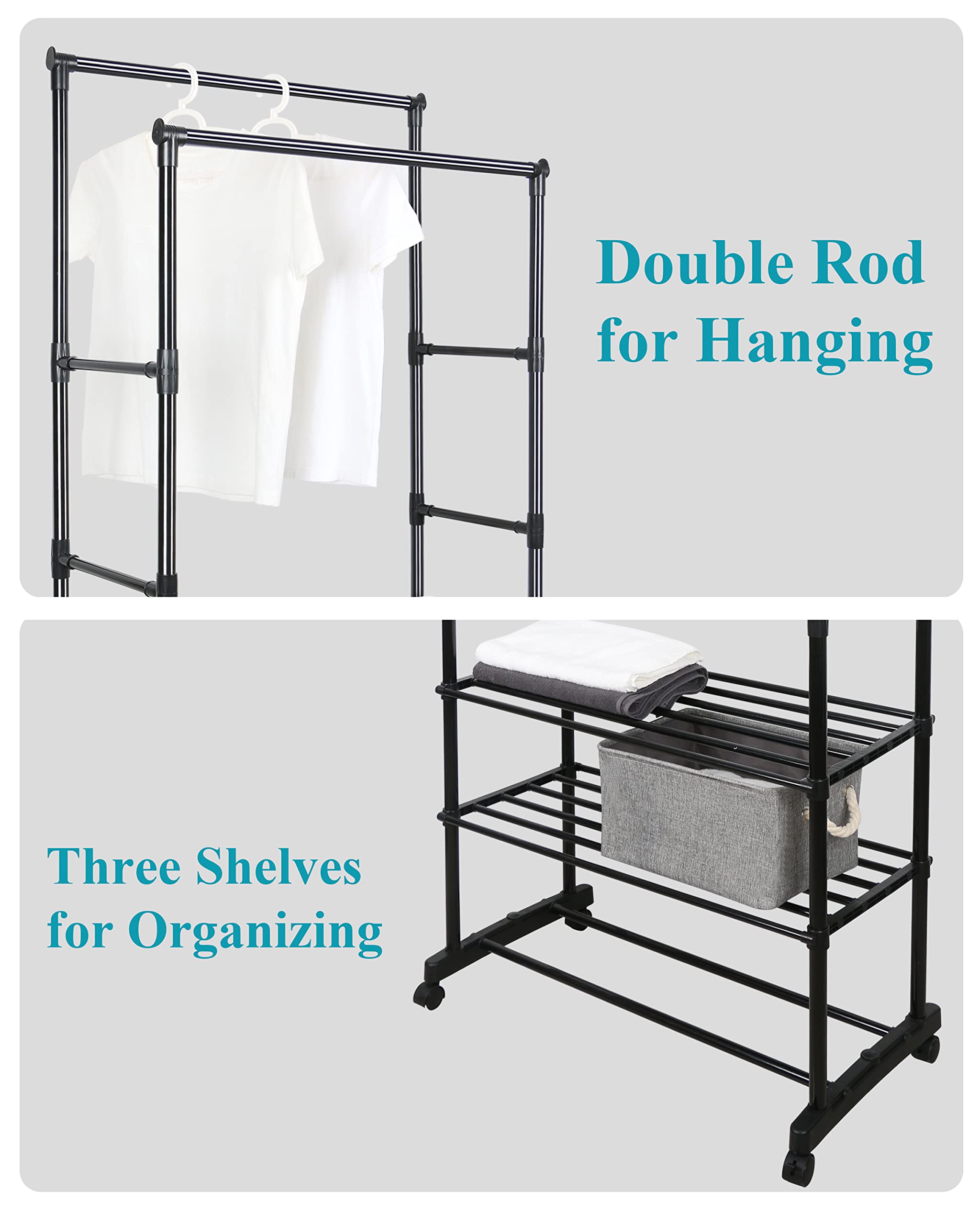 ZOES HOMEWARE Compact Clothes Rack | Rolling Clothing Rack | Metal Garment Clothes Rack for Hanging Clothes | Hanging Clothes Rack with 3 Shelves on Wheels