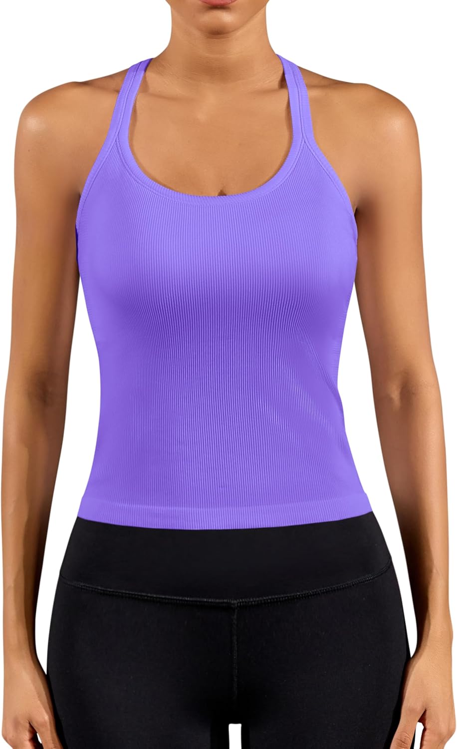 ATTRACO Women's Workout Tank Top Built in Bra Ribbed Athletic Tank Racerback Workout Top Scoop Neck