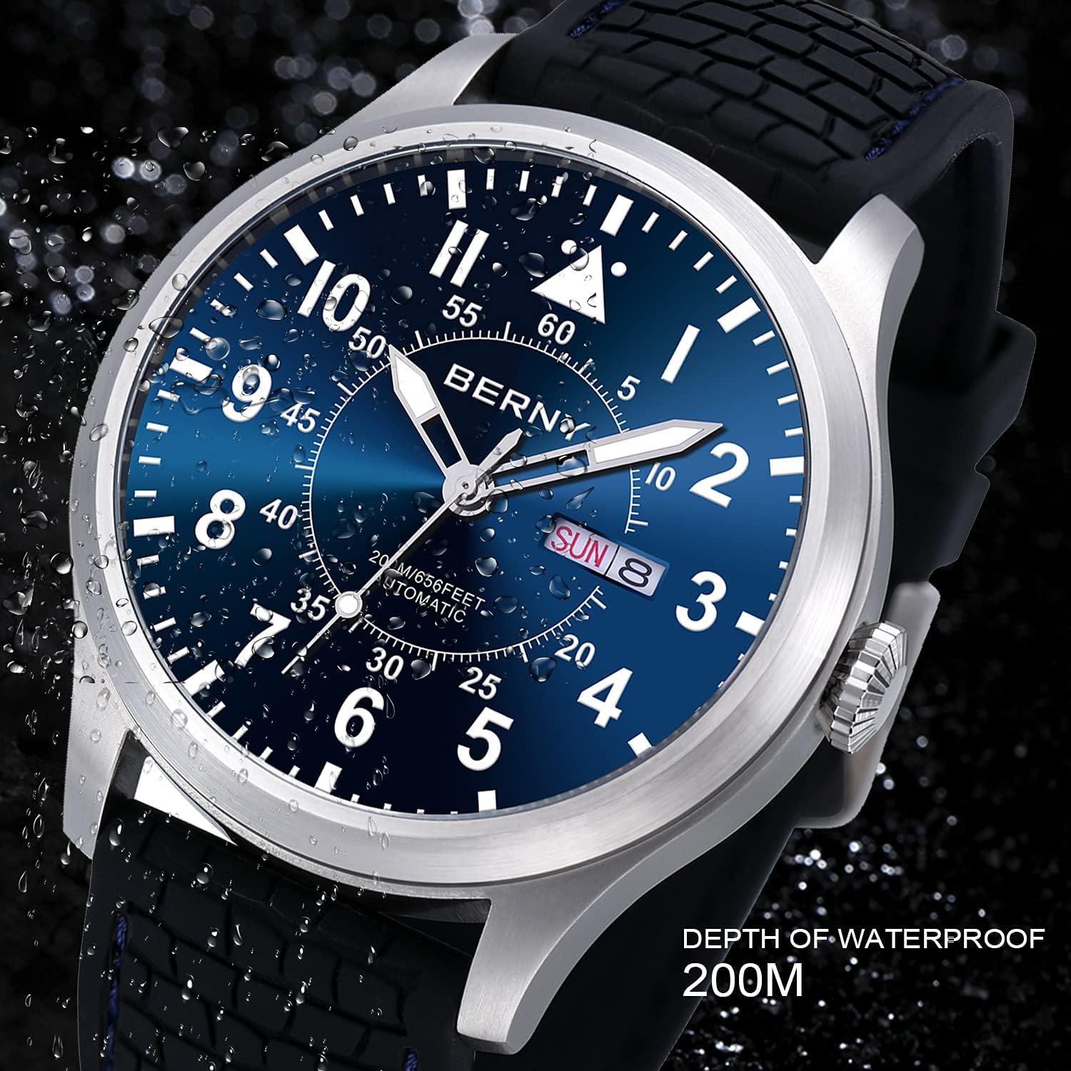 BERNY watch submerged in water, illustrating 200M water resistance