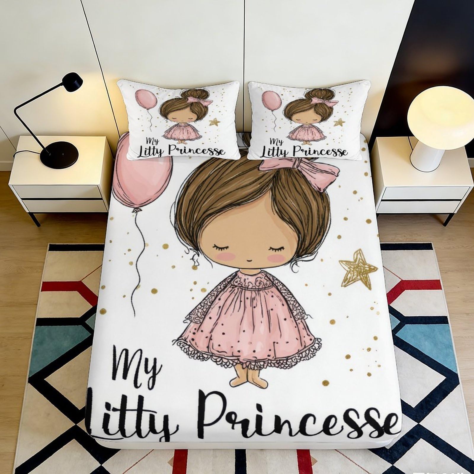 3D Printed Cartoon Princess Fitted Sheet Microfiber Pink Balloon Bed Sheet Anti-Slip Bedroom Decor for Home Dorm Guest Room 90x200x25cm