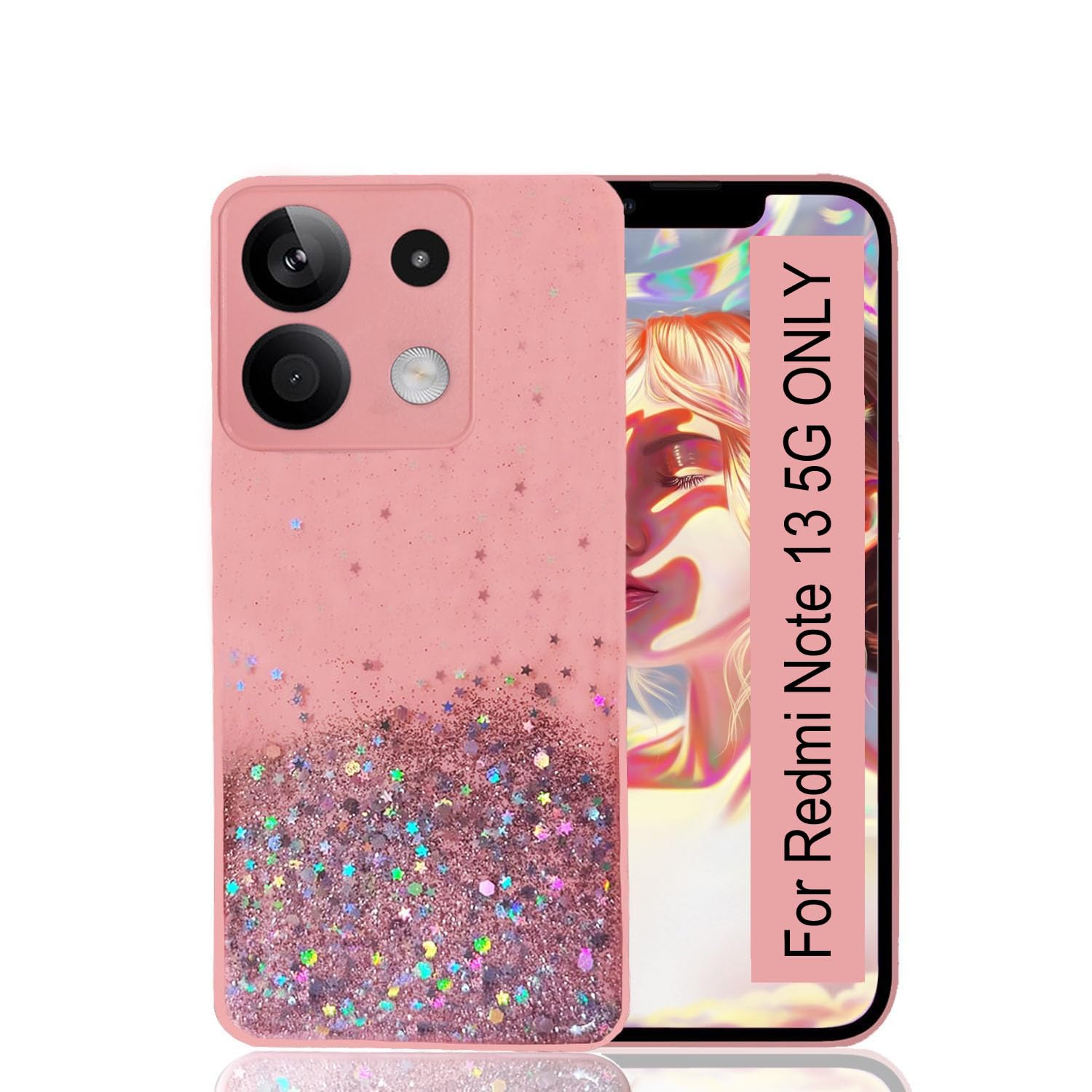 KC Back Cover for Mi Redmi Note 13 5G – Starry Dry Fixed Non Moving Sparkling Bling Shining Glitter Stars Silicone Soft Camera Protection Case (Pink)