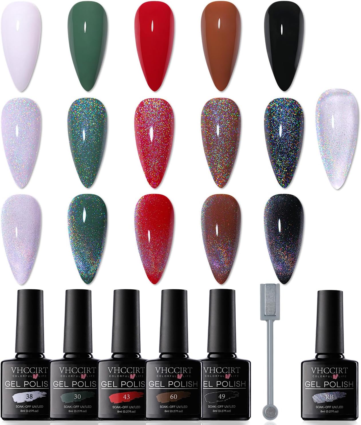 Rainbow Nail Polish Cat Eye Gel Nail Polish 6pcs, Holographic Cateye Magnetic Nail Polish Iridescent Glitter Nail Gel Polish with Magnet Stick Soak Off UV/Led Nail Manicure DIY Home Salon Gift