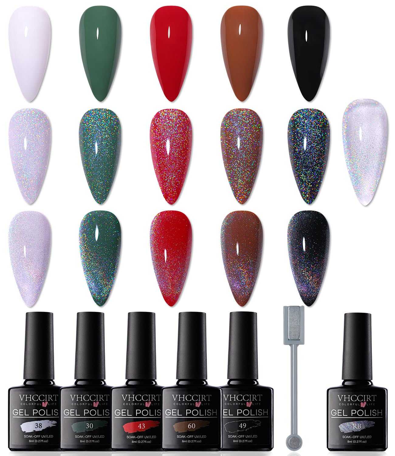 Rainbow Nail Polish Cat Eye Gel Nail Polish 6pcs, Holographic Cateye Magnetic Nail Polish Iridescent Glitter Nail Gel Polish with Magnet Stick Soak Off UV/Led Nail Manicure DIY Home Salon Gift