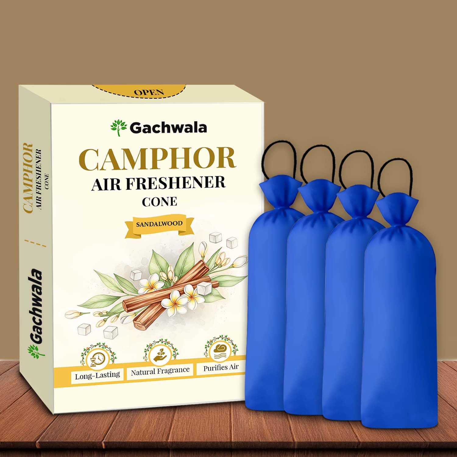 Sandalwood Camphor Pouches – Pack of 4 | Natural Air Freshener Bags for Home, Car, Closet & Prayer Room | Long-Lasting, Non-Toxic Herbal Fragrance with Earthy Camphor Blend