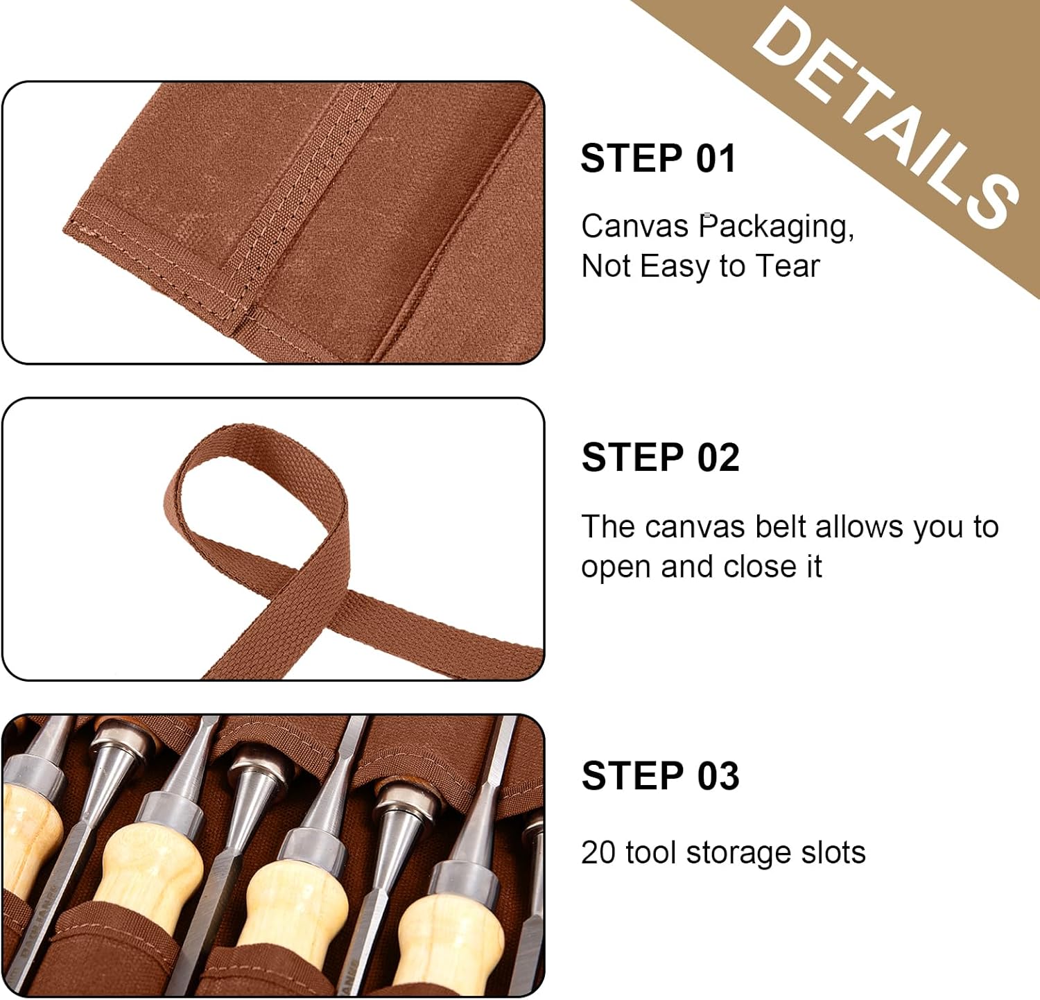 Chisel Roll, Durability Waxed Canvas Wrench Rolls with 20 Slots Compact Small Toll Roll, Portable Carry On Pouch for Woodworking Tools Multi Purpose Organizer (Red Brown)