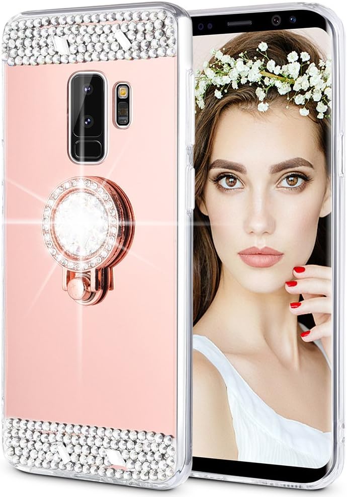 Caka Galaxy S9 Plus Case, Galaxy S9 Plus Glitter Case Mirror Series Luxury Cute Shiny Bling Mirror Makeup Case for Girls with Ring Kickstand Diamond TPU Case for Samsung Galaxy S9 Plus (Rose Gold)