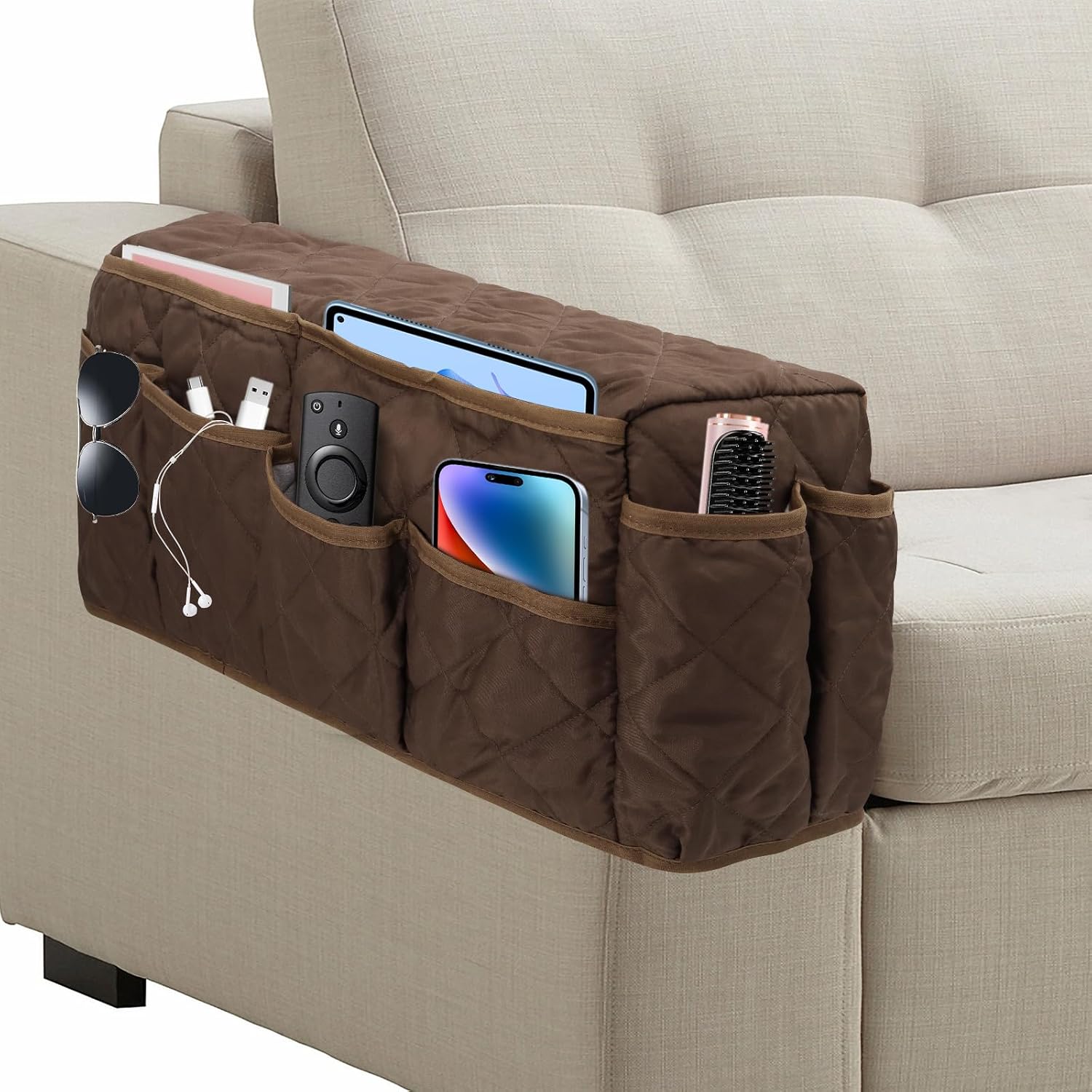 Remote Control Holder for Armchair, TV Remote Holder Arm Chair Caddy for Recliner, Non-Slip Couch Caddy Recliner Arm Caddy Sofa Armrest Organizer with 14 Pockets for Phone, Magazine, Light Grey