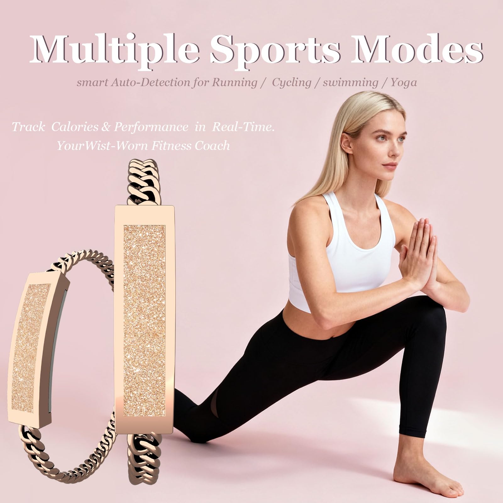 findtime Bracelet intelligent pour femme, suivi d'activité, étanche IP68, podomètre, suivi du sommeil, compteur de calories, moniteur de fréquence cardiaque, chaîne Cuba fine, design doré
