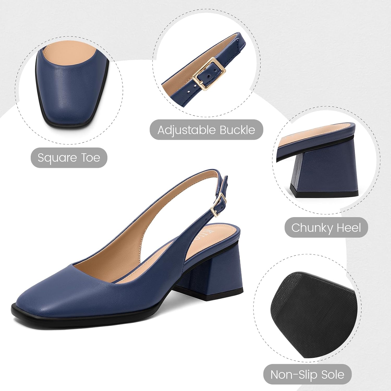 KUOARN Chunky Heels for Women Black Slingback Pumps,2.3 Inch Block Heels Closed Square Toe Pumps Shoes for Work,Party - Image 5