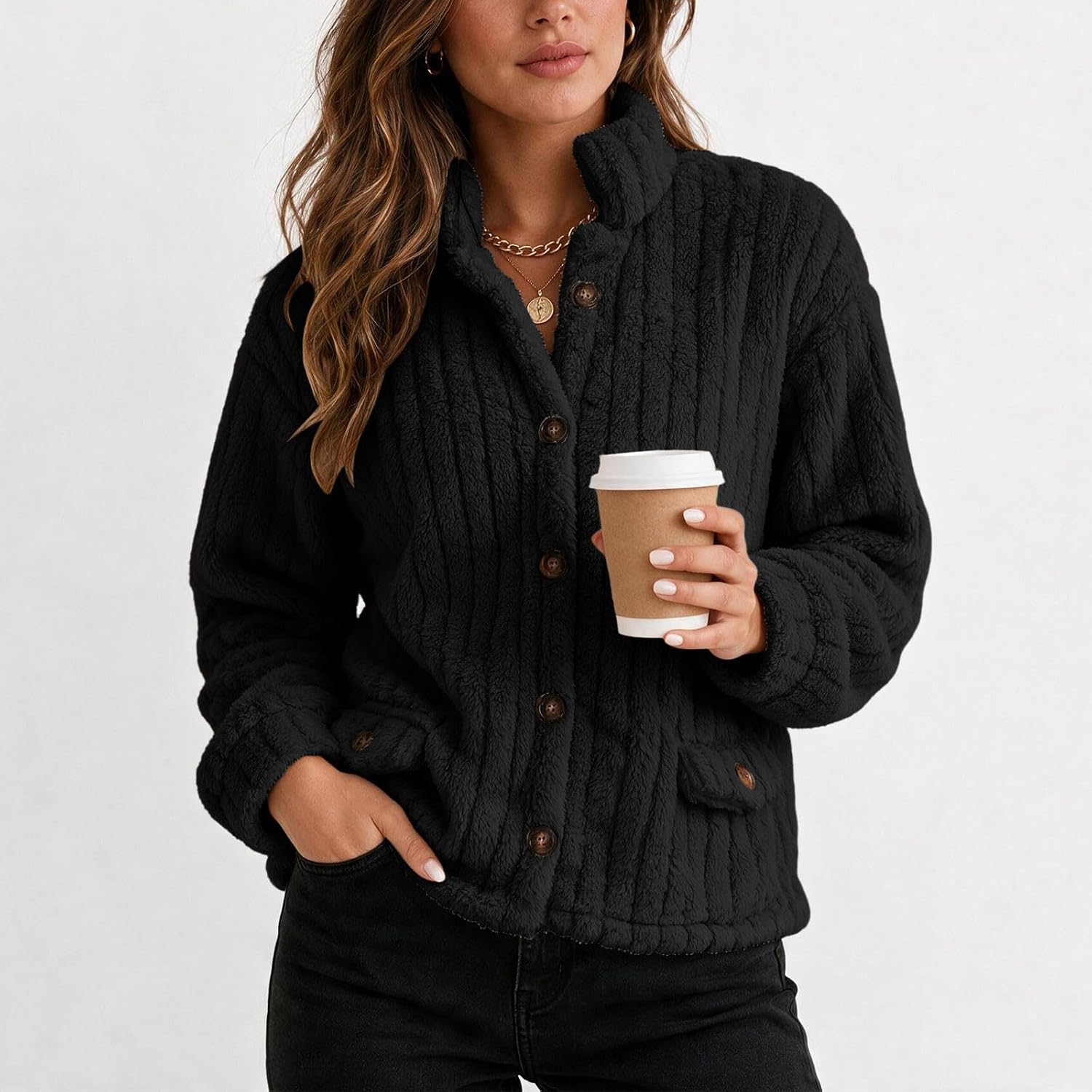 Women's Casual Fleece Jacket Button Front Long Sleeves Short Coat