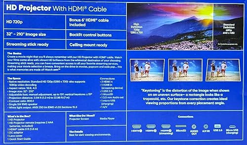 Miniatura 8 de onn. Proyector de cine en casa HD 1080p LCD, listo para transmisión, cable HDMI de 6 pies, altavoz de 5 vatios, control remoto, tamaño de imagen de