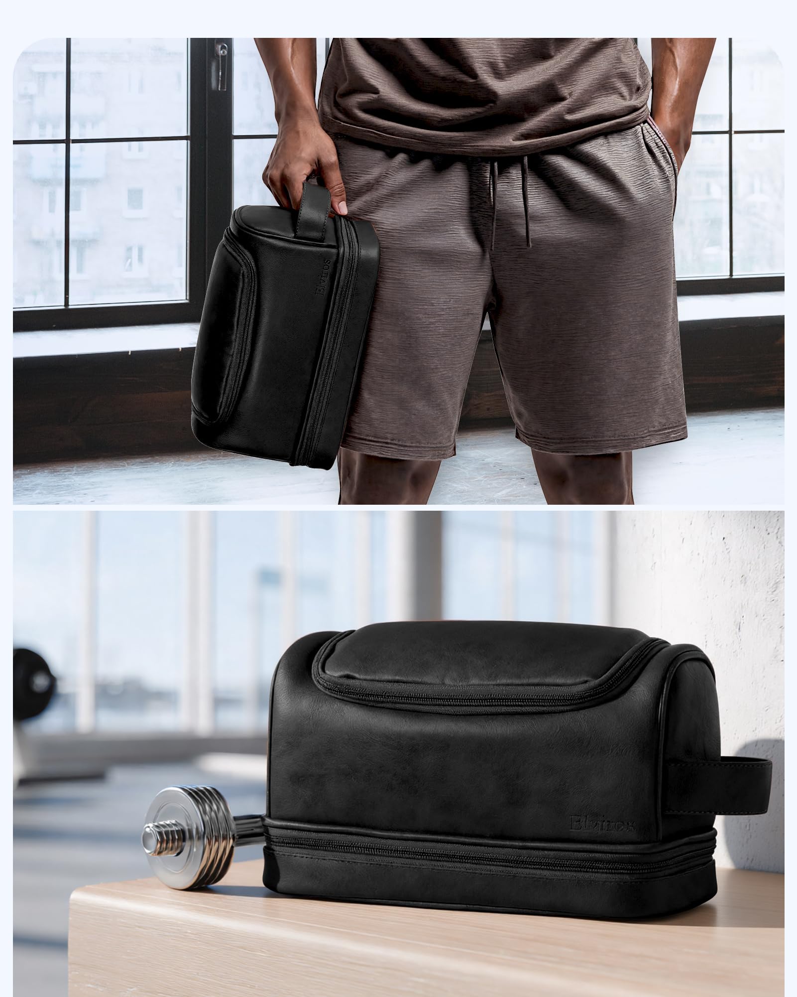 Elviros Beauty case, organizer da viaggio da uomo in pelle con gancio per appenderlo, grande borsa da toilette resistente all'acqua da bagno da donna, nero, Extra Large, Beauty case grande