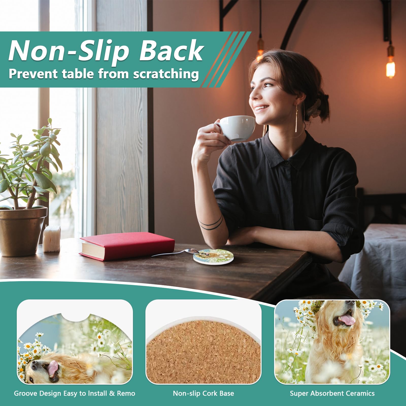 2 Pack Car Cup Holder Coasters - Dog Flower Absorbent Ceramic Coaster Car Coasters for Cup Holders Car — view 3