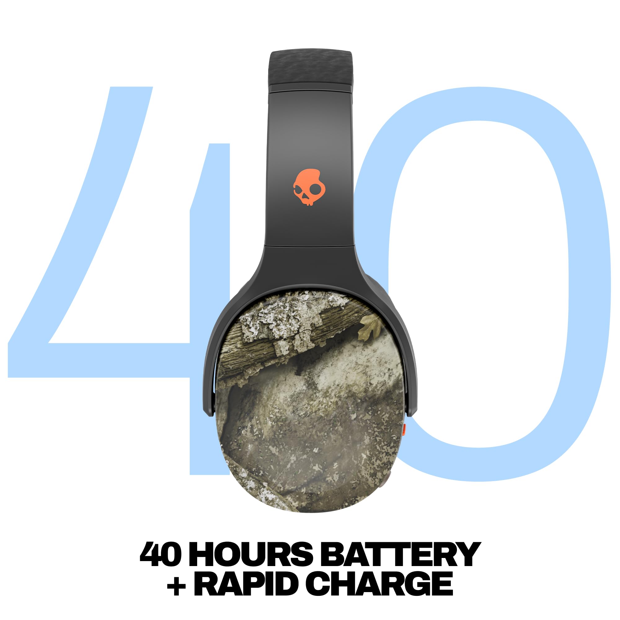 Skullcandy Crusher Evo - Cuffie Bluetooth wireless con bassi multisensoriali, isolamento acustico, fino a 40 ore di batteria, microfono per iPhone e Android, Realtree APX nero/arancione