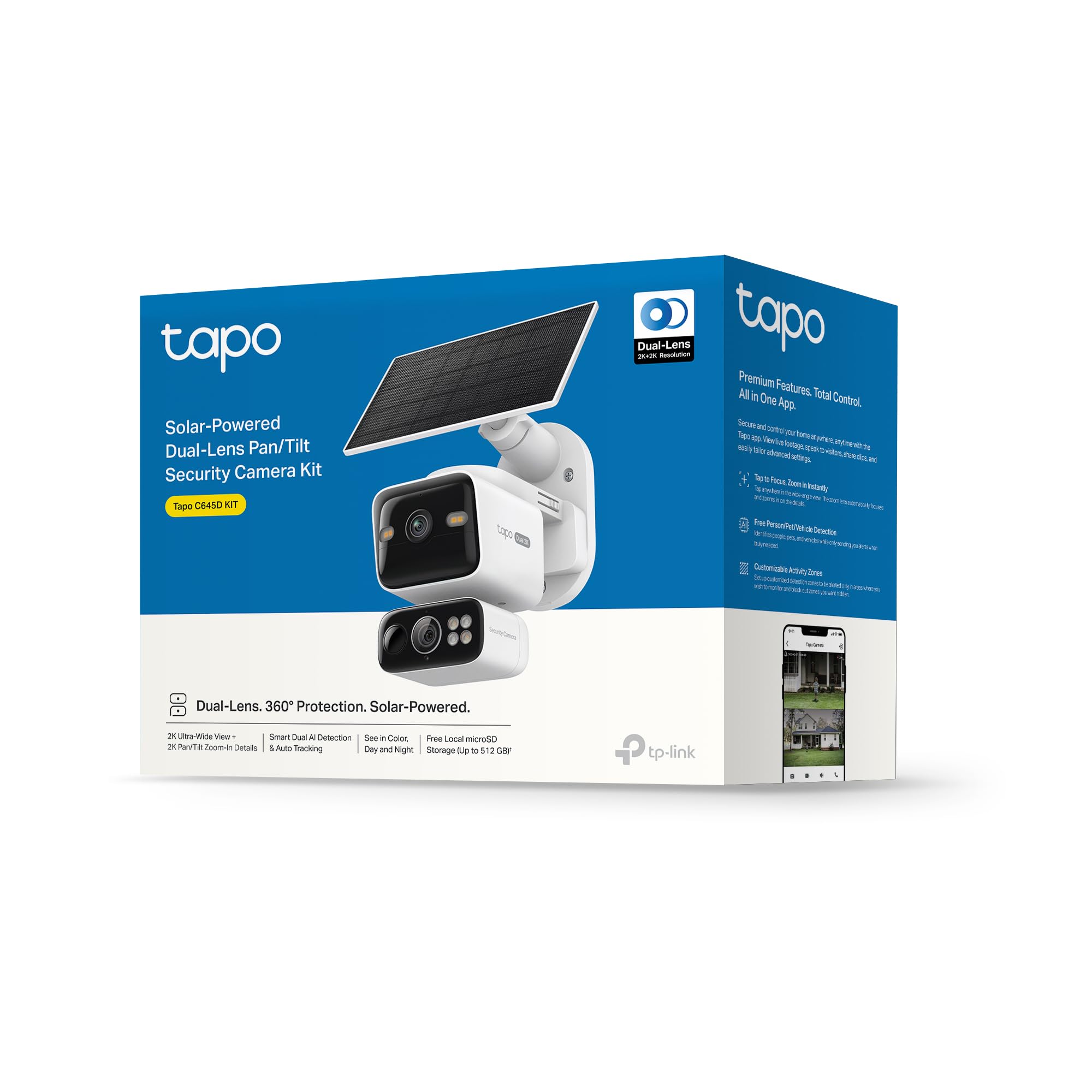 Tapo C645D KIT Solar Überwachungskamera Außen mit Akku | 2K Dual-Objektiv | 165° Winkel + 6mm Objektiv | Dual-Band 2,4GHz/5GHz WLAN | KI-Erkennung | 24/7 Aufzeichnung | Lokale MicroSD & Cloud Speicher