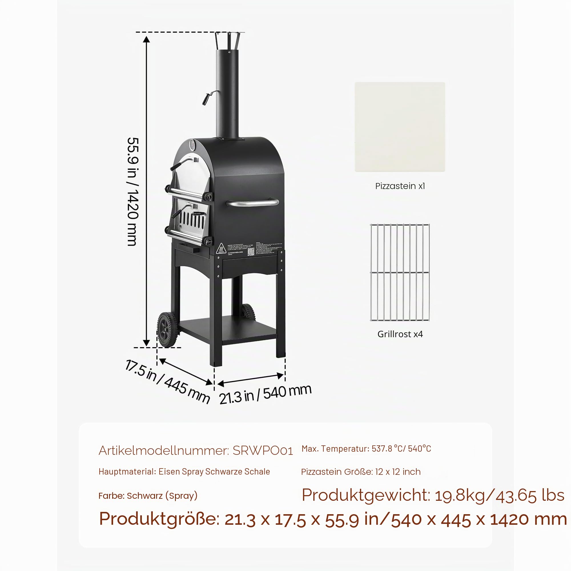 VEVOR Pizzaofen 12 Zoll Pelletöfen, 2-lagiger Holzfeuerung Outdoor mit 2 Rädern, 540 °C