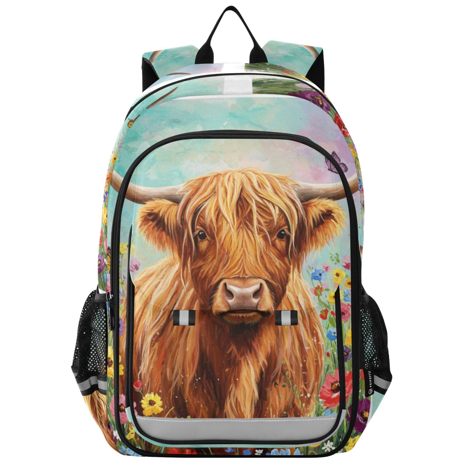 Mnsruu Sac à dos pour ordinateur portable 15,6" Motif vache Highland Flower Cartable pour adolescentes et filles Sac à dos de voyage léger pour le travail universitaire 45 x 33 x 17 cm