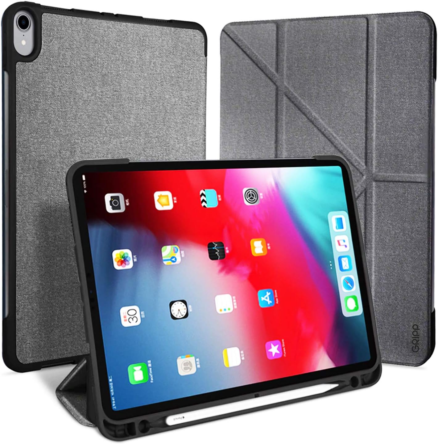 GRIPP ® Tux Textured Fabric Anti-Shock Lightweight Screen Protection Bumper with Pencil Holder and Wireless Charging Multiple Viewing Angle Folding Stand Slim Back Case Cover for iPad Pro 11" (Grey)